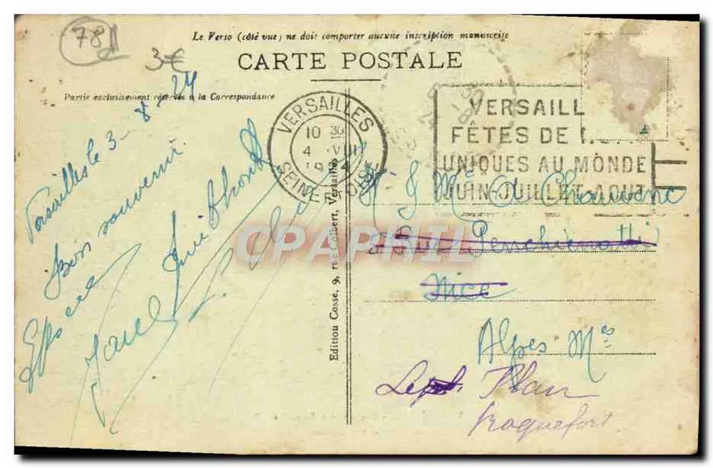 Versailles — Galeria das Batalhas — Edição Coste, 9, rue Colbert, Versailles - Verso