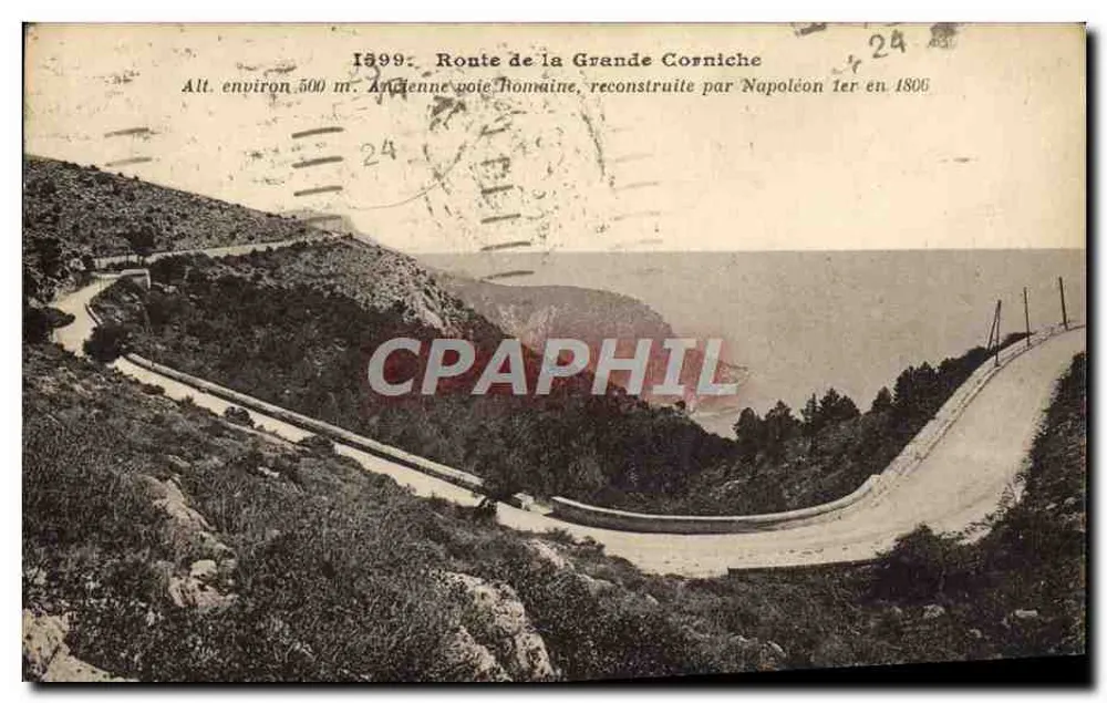 Rodovia da Grande Corniche — Alt. aproximadamente 500 m. Antiga via romana, reconstruída por Napoléon Ier em 1806 — datada 1899 - Frente