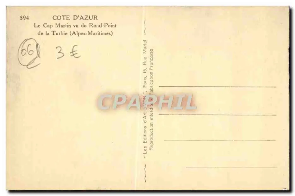 Der Cap Martin vom Rond-Point de la Turbie (Alpes-Maritimes) gesehen — Les Éditions d'Art Aron, Paris - Rückseite