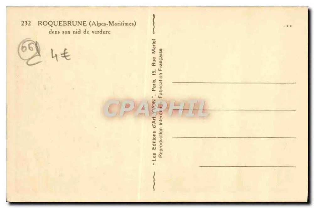 Roquebrune (Alpy Marnitowe) — w swoim zielonym gnieździe — Les Editions d'Art YVON, Paryż - Rewers