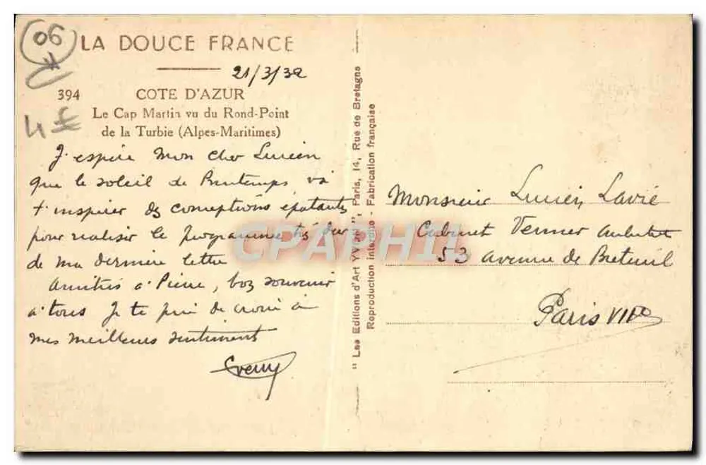 Cap Martin vom Rond-Point de la Turbie (Alpes-Maritimes) — Les Éditions d'Art Vyvont, n°394 - Rückseite