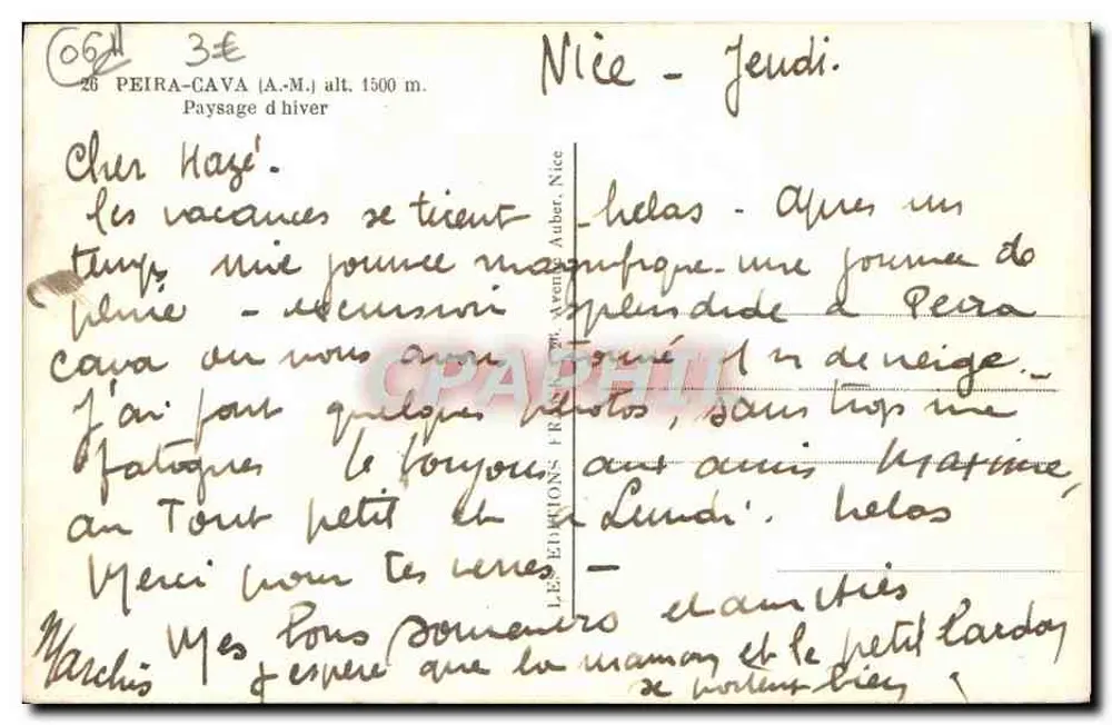 Peïra-Cava — Paisagem de inverno — Éditions L.E. Argen, Nice - Verso