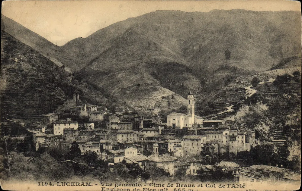 Luceram — Vista generale — Cime di Braus e Col de l'Ablé — Editore: Établissements de Photographie Gélatta (Nice) — N° 1194 - Recto