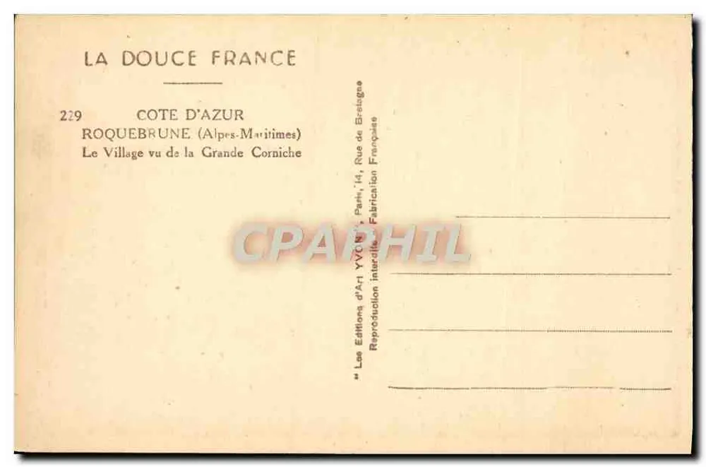 Roquebrune-Cap-Martin — Ansicht des Dorfes von der Grande Corniche — Éditions d'Art Yvonne, Paris - Rückseite