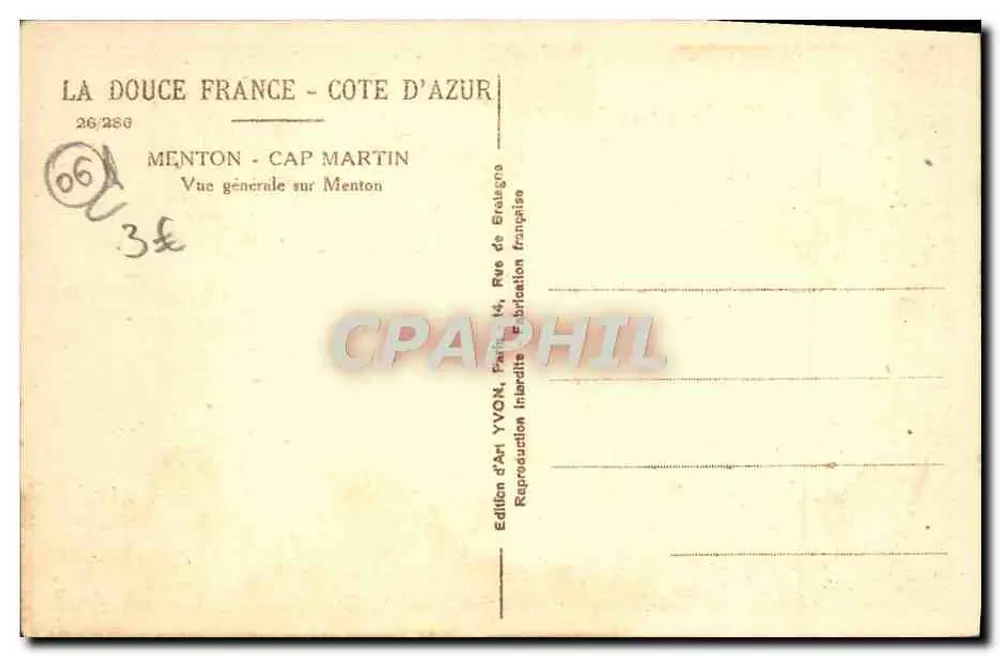 Cap Martin - Menton — Vista geral de Menton — Edição de Arte YVON - Verso