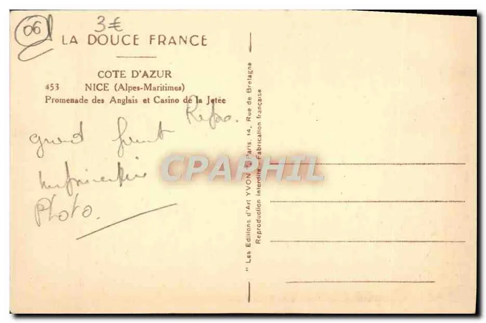 Nice — Promenade des Anglais und Casino de la Jetée — Éditions d'Art YVON - Rückseite