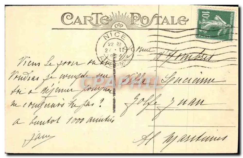 Nice - A Gruta — vista da gruta com estátua de leão e palmeiras — editor desconhecido, n° 198 - Verso