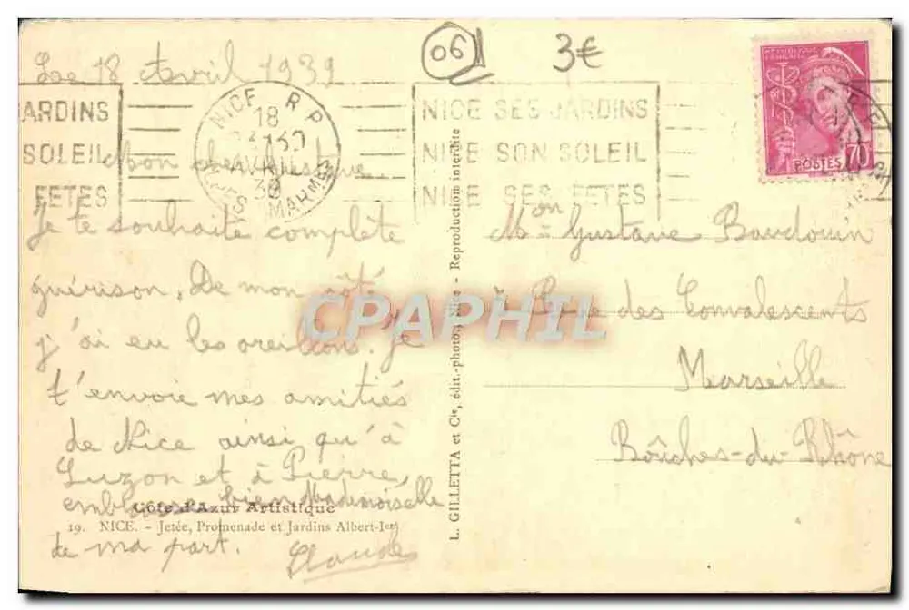 Nizza - Jettie, Promenade und Gärten Albert I — L. Gilletta et Cie, Verlag Paxur Artistique, Nr. 19 - Rückseite