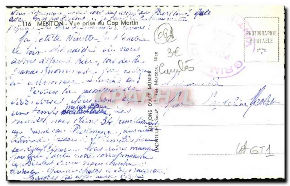 Vista do Cabo Martin — Montluçon, França — editor Munier, n°116 - Verso
