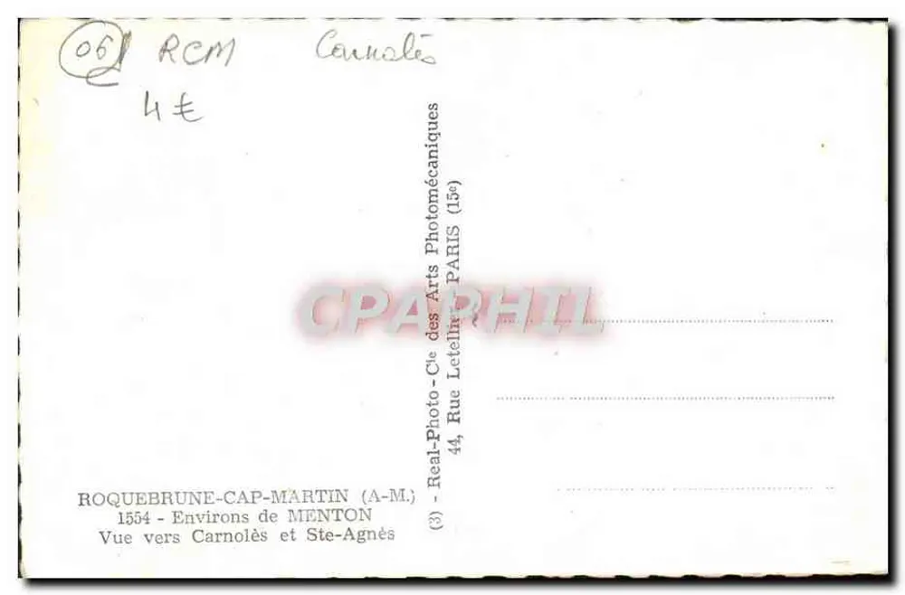Ausblick Richtung Carnolès und Ste-Agnès — ROQUEBRUNE-CAP-MARTIN — Real-Photo-Cie des Arts Photomécaniques - Rückseite