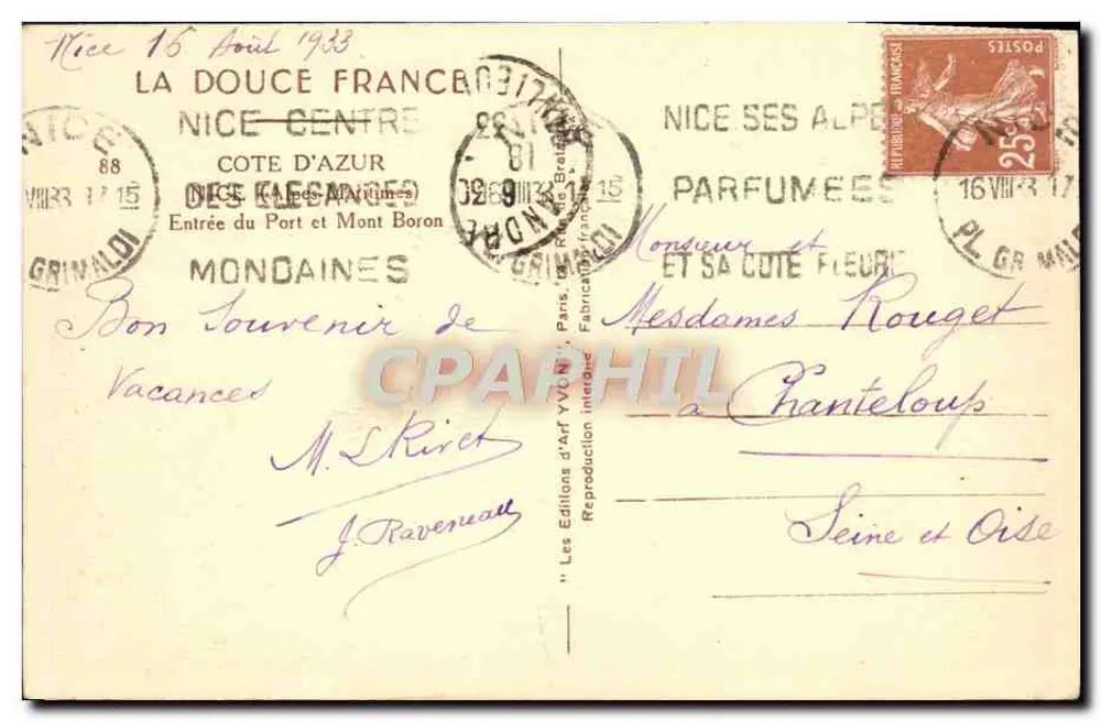 Entrada do Porto e Mont Boron — Nice — Les Éditions d'Art Yvon - Verso