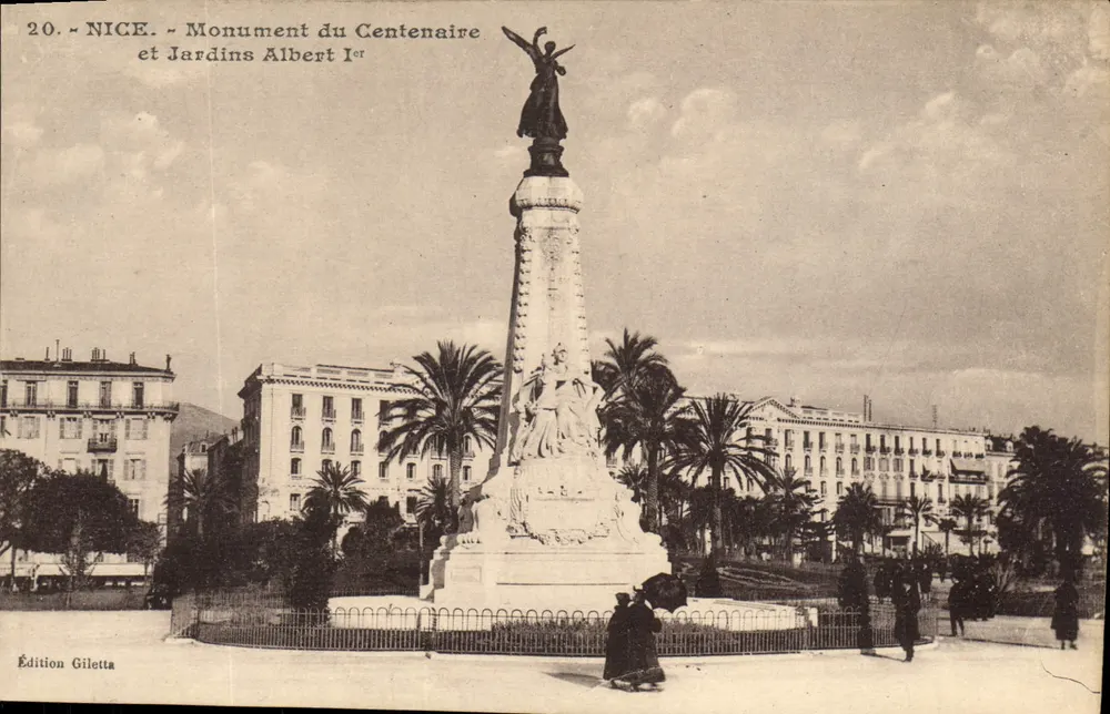 Niza - Monumento del Centenario y Jardines Albert I° — Edición Giletta, n°20 - Anverso