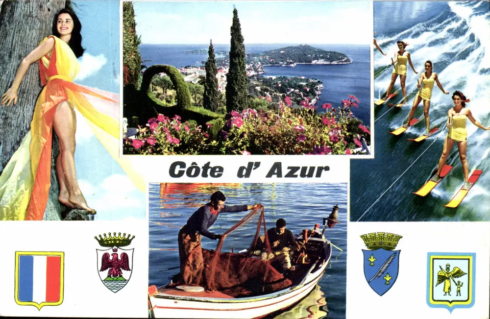 Côte d'Azur — widok panoramiczny, kobiety w bikini, deska do windsurfingu, rybacy — Wydawnictwo «MAB» - Awers
