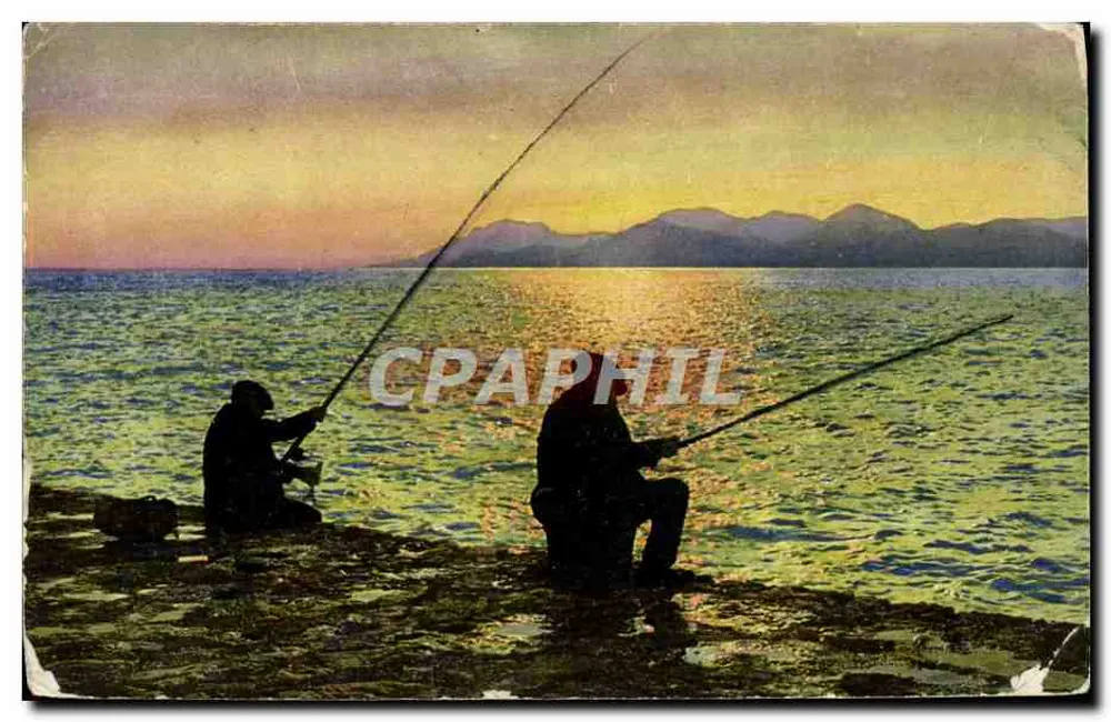 Pescadores ao pôr do sol — A Costa Azul de Cannes a Menton — G. Lemaître & Cie, Editores, Cannes-Nice - Frente
