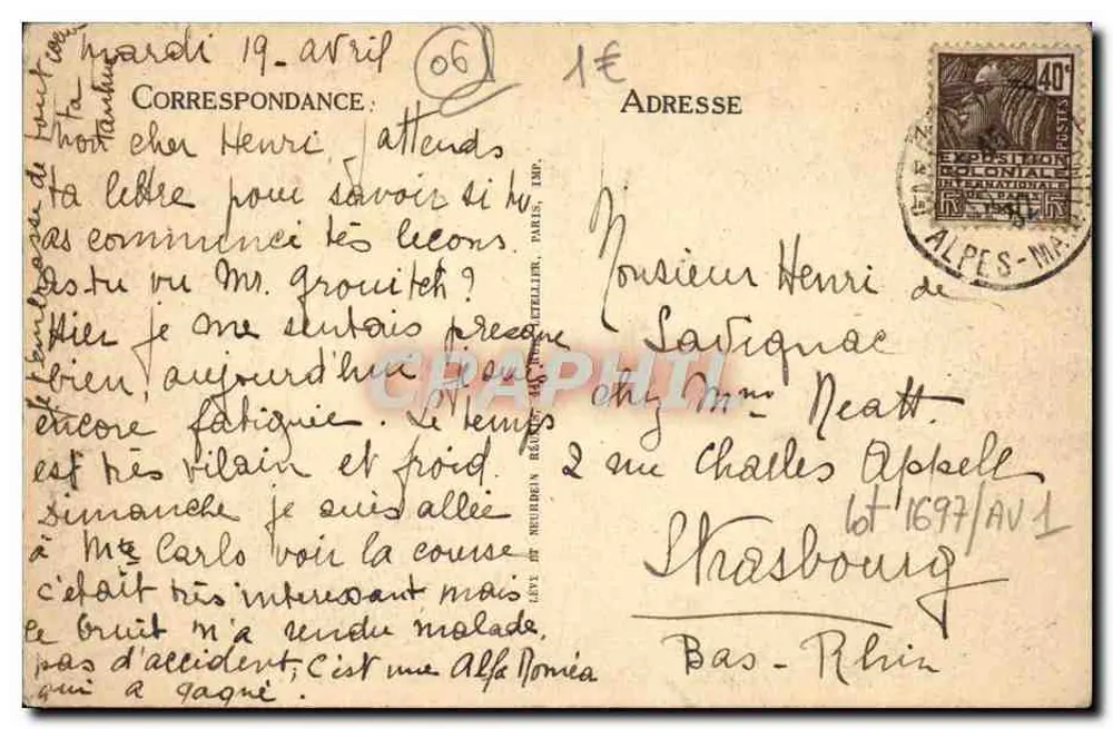 Nice. A Promenade des Anglais — Cunard — n° 365 - Verso