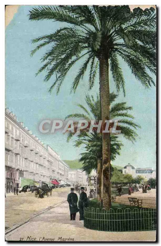 Nice - A Avenida Masséna — vista com palmeira — editor não identificado, n° 27 - Frente