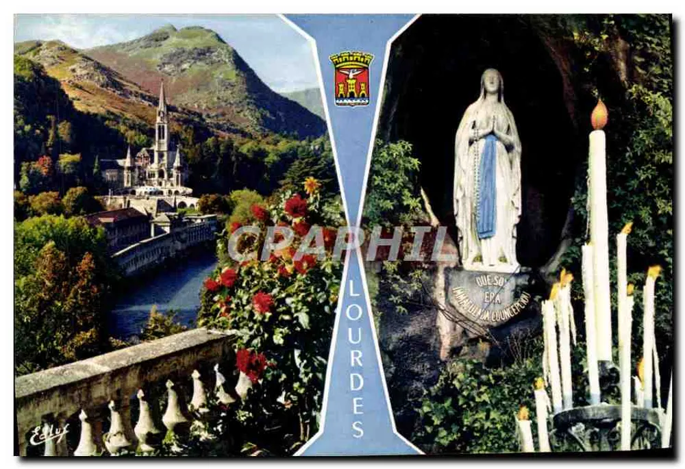 Lourdes — vista panorâmica e estátua de Nossa Senhora de Lourdes — Ed. A. Doucet, Lourdes - Frente