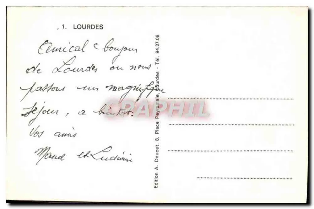 Lourdes — vista panorâmica e estátua de Nossa Senhora de Lourdes — Ed. A. Doucet, Lourdes - Verso