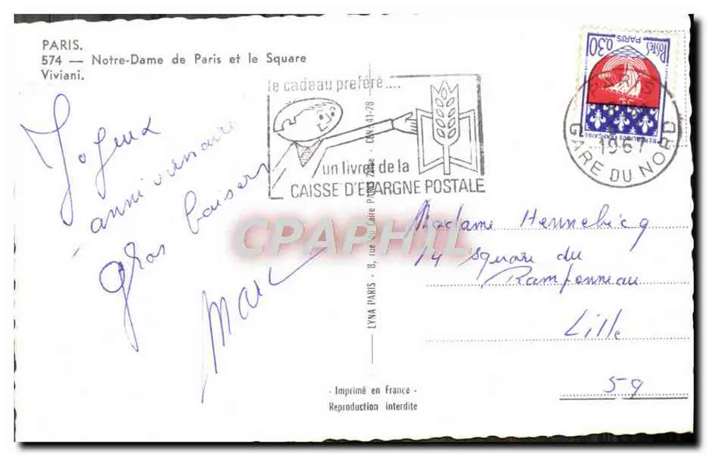 Notre-Dame de Paris — Square Viviani — Caisse d'Épargne Postale, n°574 - Verso