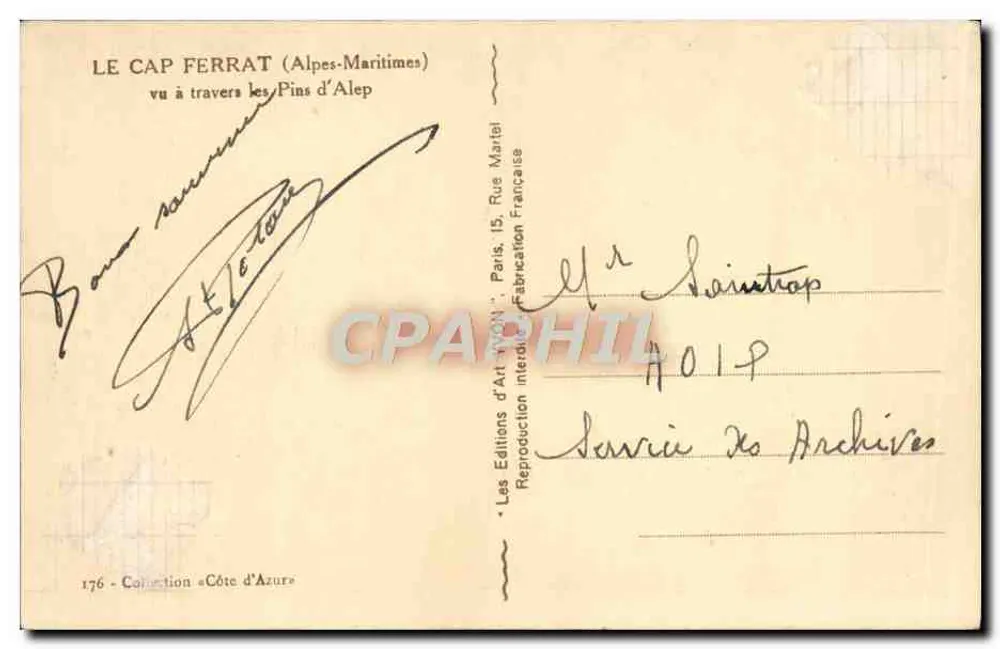O Cap Ferrat (Alpes-Maritimes) — vista através dos Pinheiros de Alep — Edições de Arte ANON, Paris - Verso