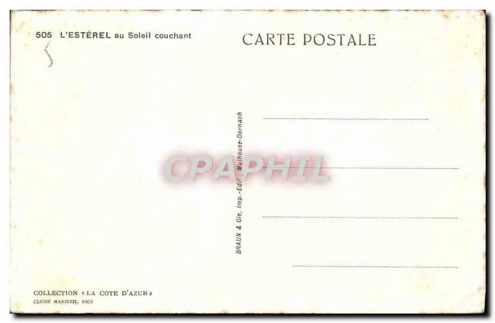 L'Estérel au Soleil couchant — vue de la côte d'Azur — éditeur BRAUN & Cie, Imp.-Édit. Mulhouse-Dornach - Verso