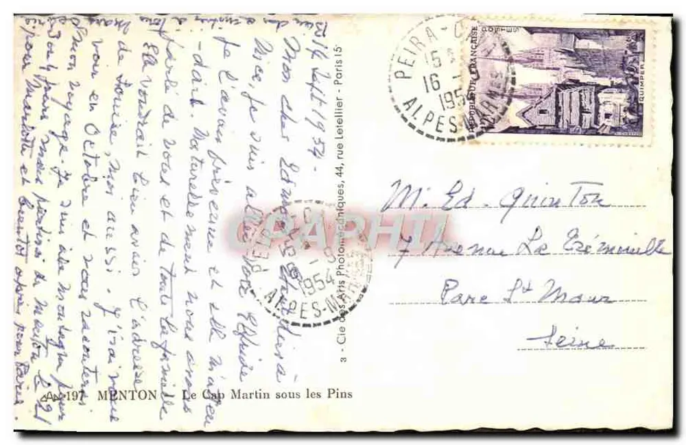O Cap Martin sob os Pinheiros — editor Cie des Arts Photographiques, n° 197 - Verso