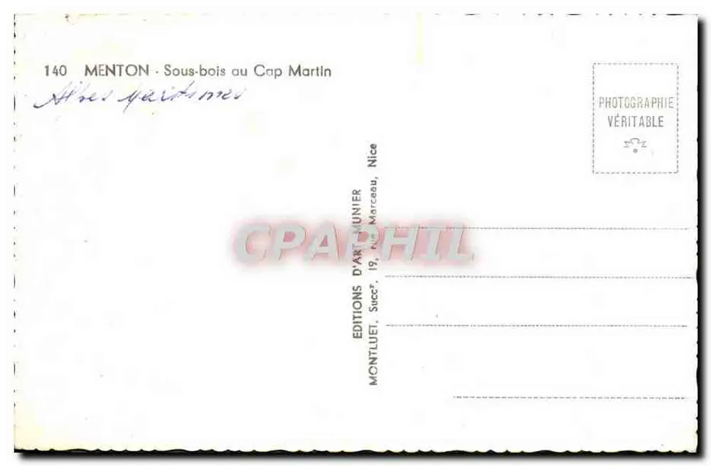 Menton - Matas ao Cap Martin — Edições d'Art Munier, Nice - Verso