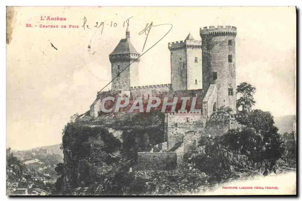 Château de Foix — vue du château sur son éperon rocheux — Phototypie Laroche Frères, Toulouse, n° 38 - Frente