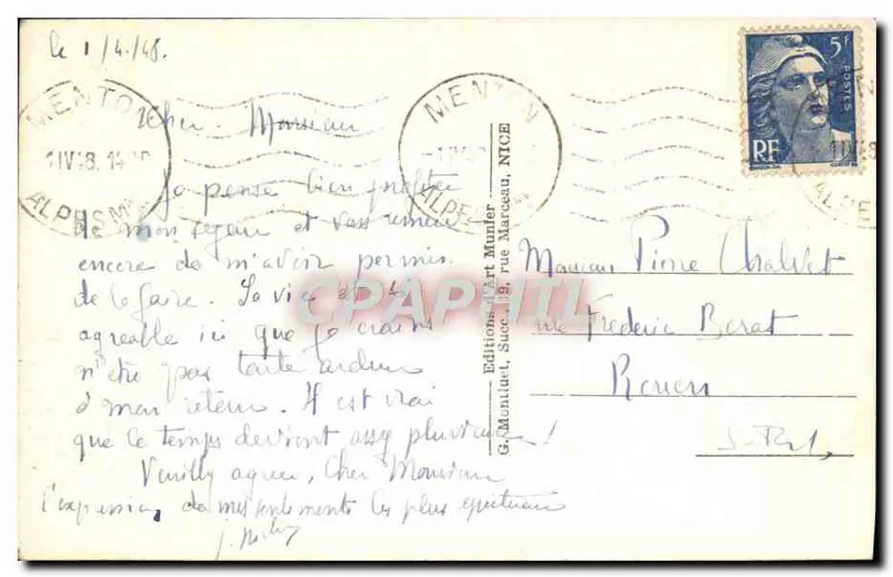 Menton — A Anunciação e o Cabo Martin — Munier, n°177 - Verso