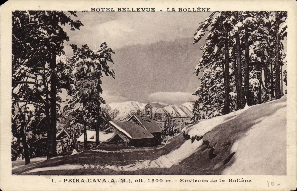 Hôtel Bellevue - La Bollène — vue hivernale enneigée avec édifice et église au loin, éditeur L. GILLETITA et Cie, n° 10 - Frente