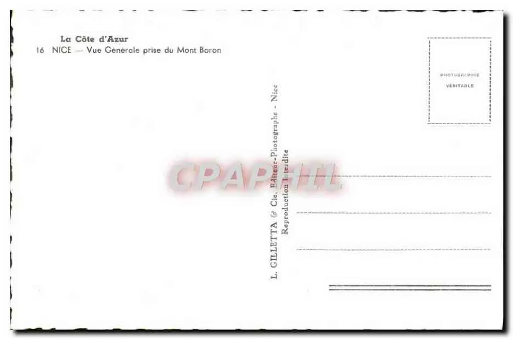 Visão geral da Costa Azul — vista do Monte Boron — L. Gilletta & Cie, Nice - Verso
