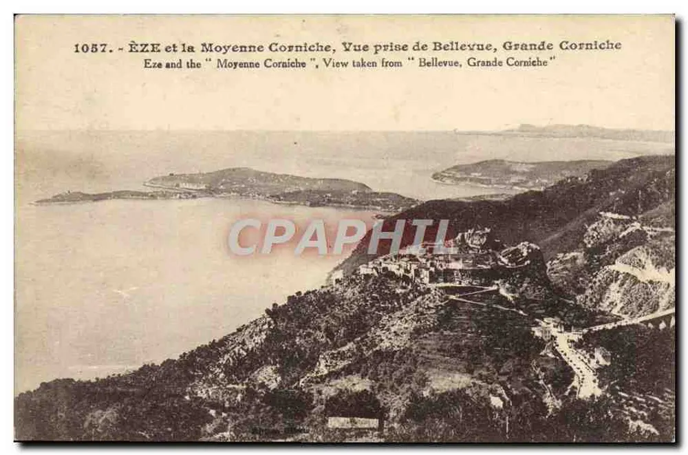 Èze e a Média Corniche — Visão tirada de Bellevue, Grande Corniche — série 1057 - Frente