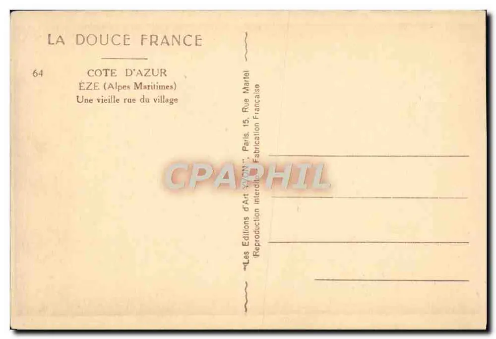 Éze — Una vieja calle del pueblo — Editor: Les Éditions d'Art Avon - Reverso