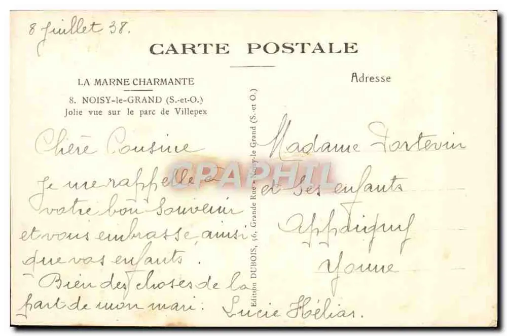 La Marne Charmante — Ansicht auf den Park von Villepex — Ausgabe DUBOIS, Noisy-le-Grand (S.-et-O.) - Rückseite