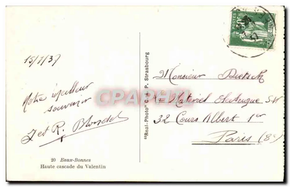 Cachoeira alta do Valentin — Eaux-Bonnes — "Real-Photo" G. P. Strasbourg n°20 - Verso