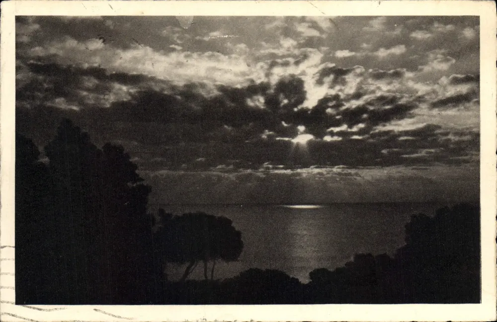 Pôr do sol sobre a Corniche — Juan-les-Pins — Coleção «La Côte d'Azur», cliché Maninzi, Nice - Frente