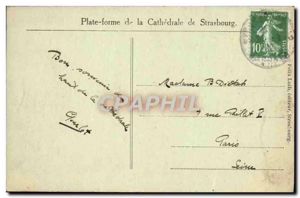 Estrasburgo — A Catedral — Editor Felix Lailh, número de série não visível - Verso
