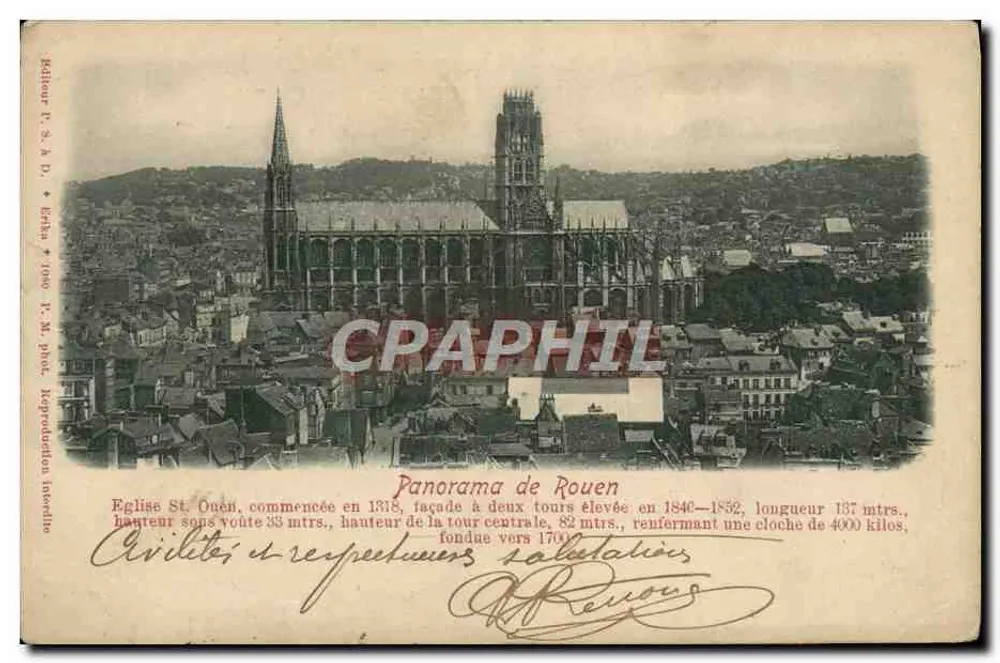Panorama de Rouen — Église Saint-Ouen avec ses deux tours et son clocher — Éditeur T. S. & D. n° 1000 - Frente