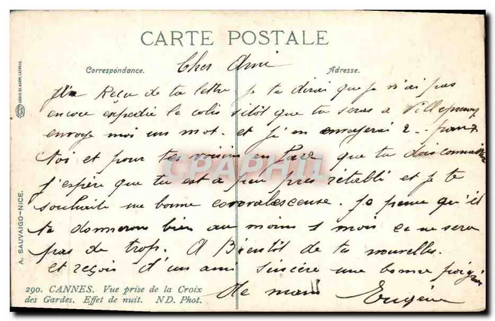 Cannes — Ansicht von der Croix des Gardes. Nachtleben. ND. Foto. — A. Sauvaigo-Nice, Nr. 290 - Rückseite