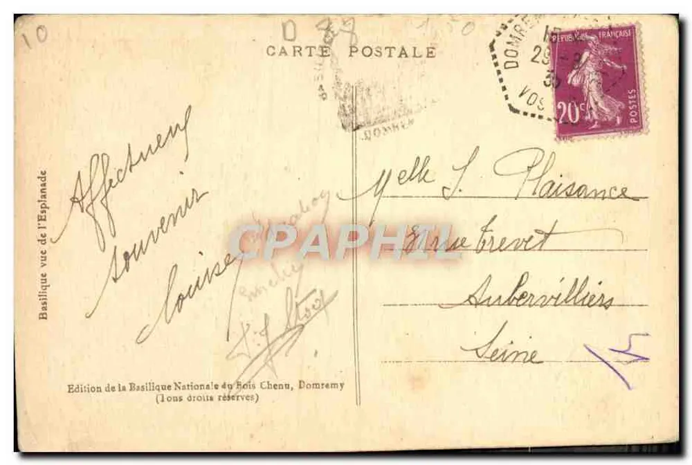 Basilique de l'Espéranade — vue de la façade et du clocher — Édition de la Basilique Nationale du Bois Chenu, Dompnemy - Verso