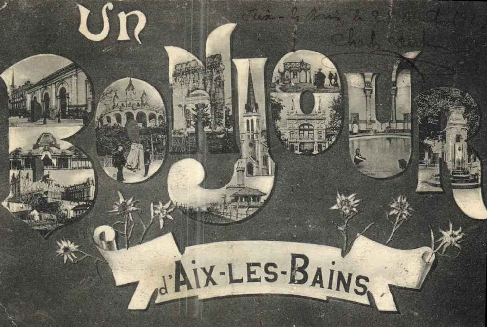 Un bol d'air d'Aix-les-Bains — vue panoramique composée dans les lettres, éditeur L'ENTRAIDE ÉDITION DÉPARTEMENTALE - Frente