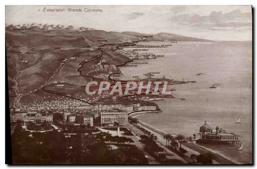 Excursão Grande Corniche — Vista panorâmica da costa com montanhas e portos — J. Gilletta, Editor-Fotógrafo Nice - Frente