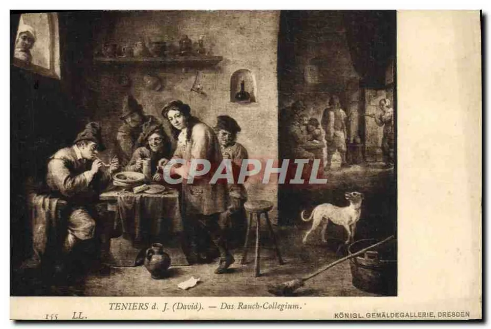 Intérieur d'un cabaret — scène de table — œuvre de Teniers d. J. (David) — éditeur KÖNIGL. GEMÄLDEGALLERIE, DRESDEN, n° 155 LL - Frente