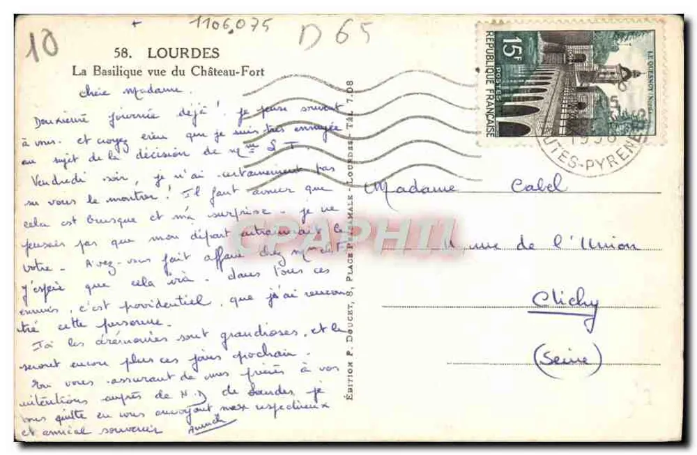 Lourdes — Die Basilika vom Château-Fort aus gesehen — Edition P. Doucet, Place P. P. Lalle - Rückseite