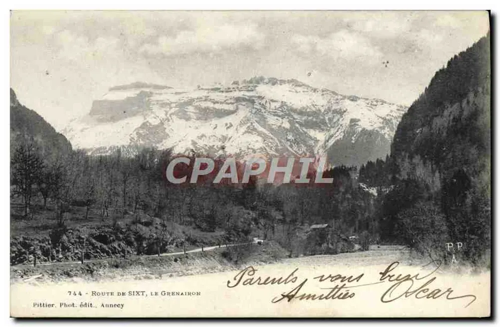 Rodovia de Sixt, o Grenairon — Vista montanhosa nevada — Pittier, Fot. edit. Annecy, n° 744 - Frente