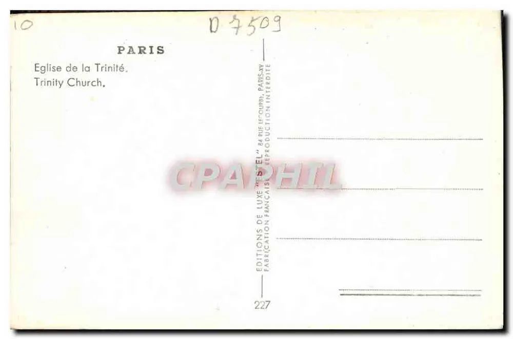 Igreja da Trindade — Paris — Editor Estel, n° 227 - Verso