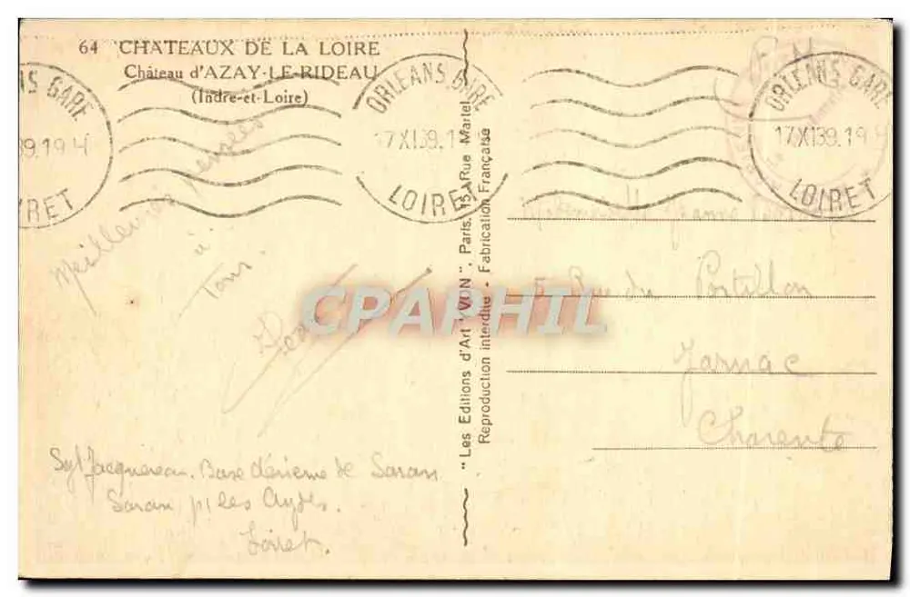 Schloss Azay-le-Rideau — Indre-et-Loire — Éditions d'Art 'W.N.' Paris - Rückseite