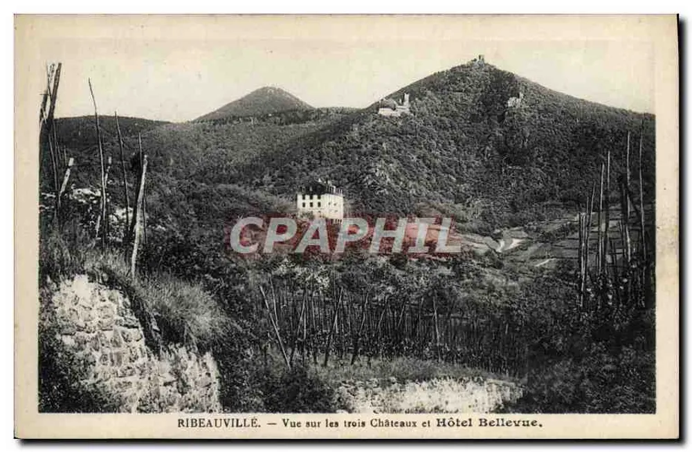 Ribeauvillé — Blick auf die drei Schlösser und Hôtel Bellevue — Félix Lübb — N° 107 - Vorderseite