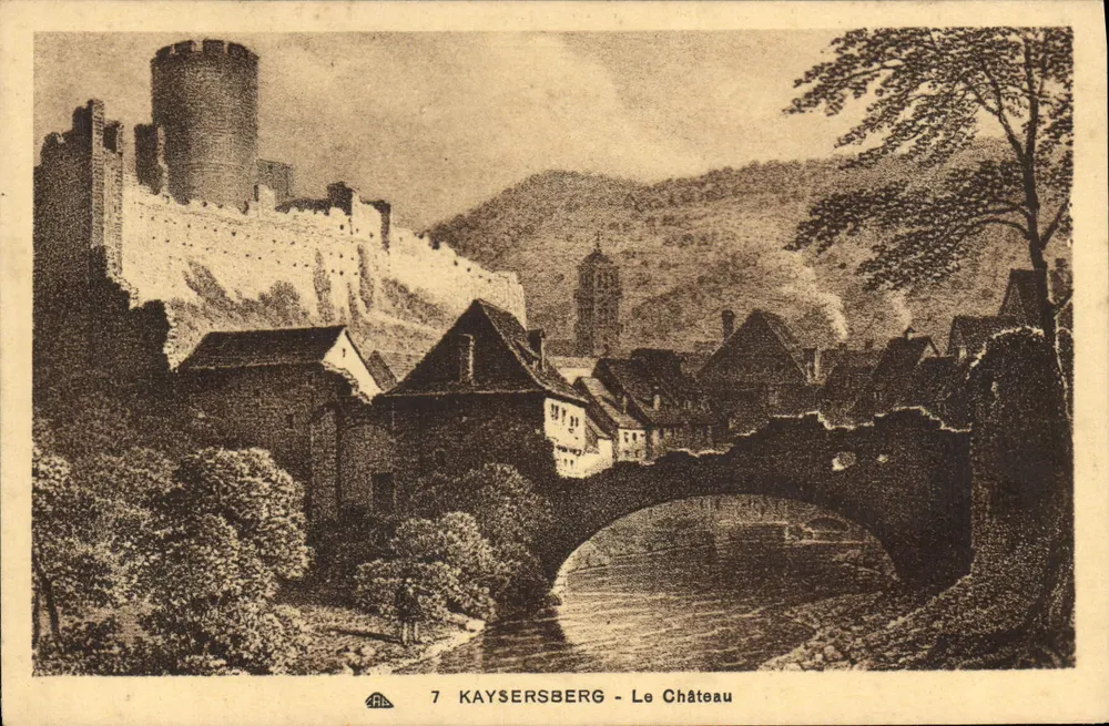 Kaysersberg - O Castelo — vista do castelo e do ponte sobre o rio — editor C. des Arts Photogéniques, Strasbourg-Schiltigheim, n°7 - Frente