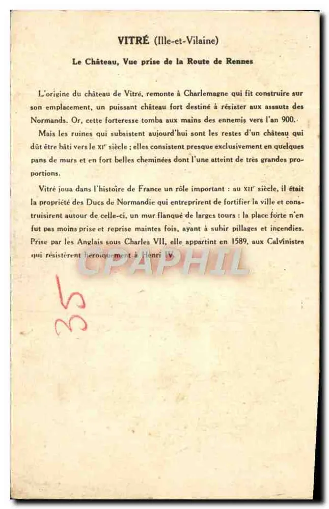 Vitré (Ille-et-Vilaine) — O Castelo — Vista tirada da estrada de Rennes — Série 2e — Coleção da Solution Paulauherge - Verso